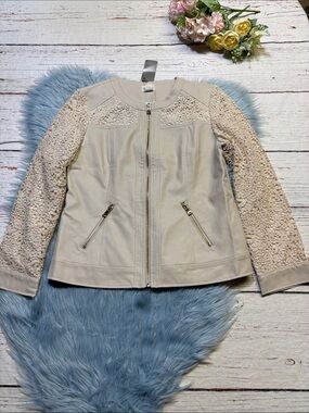NWT Chico’s Novelty Lace Pierced Ivory Faux Leather Jacket sz S